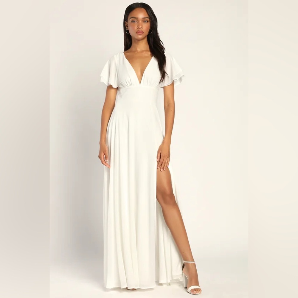 ISO Lulu’s Promise Of Love White Flutter Sleeve Maxi Dress